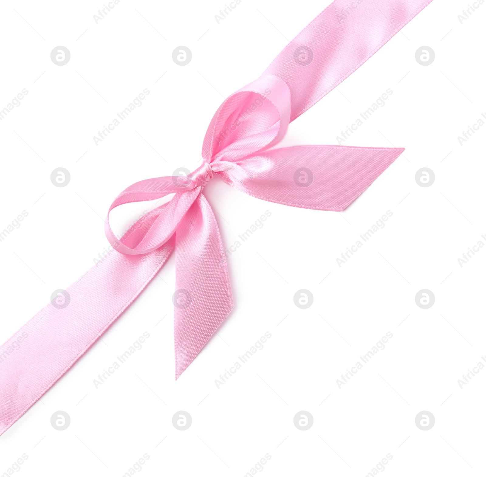 Photo of Pink satin ribbon with bow on white background, top view