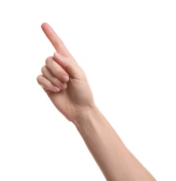 Woman pointing at something on white background, closeup of hand