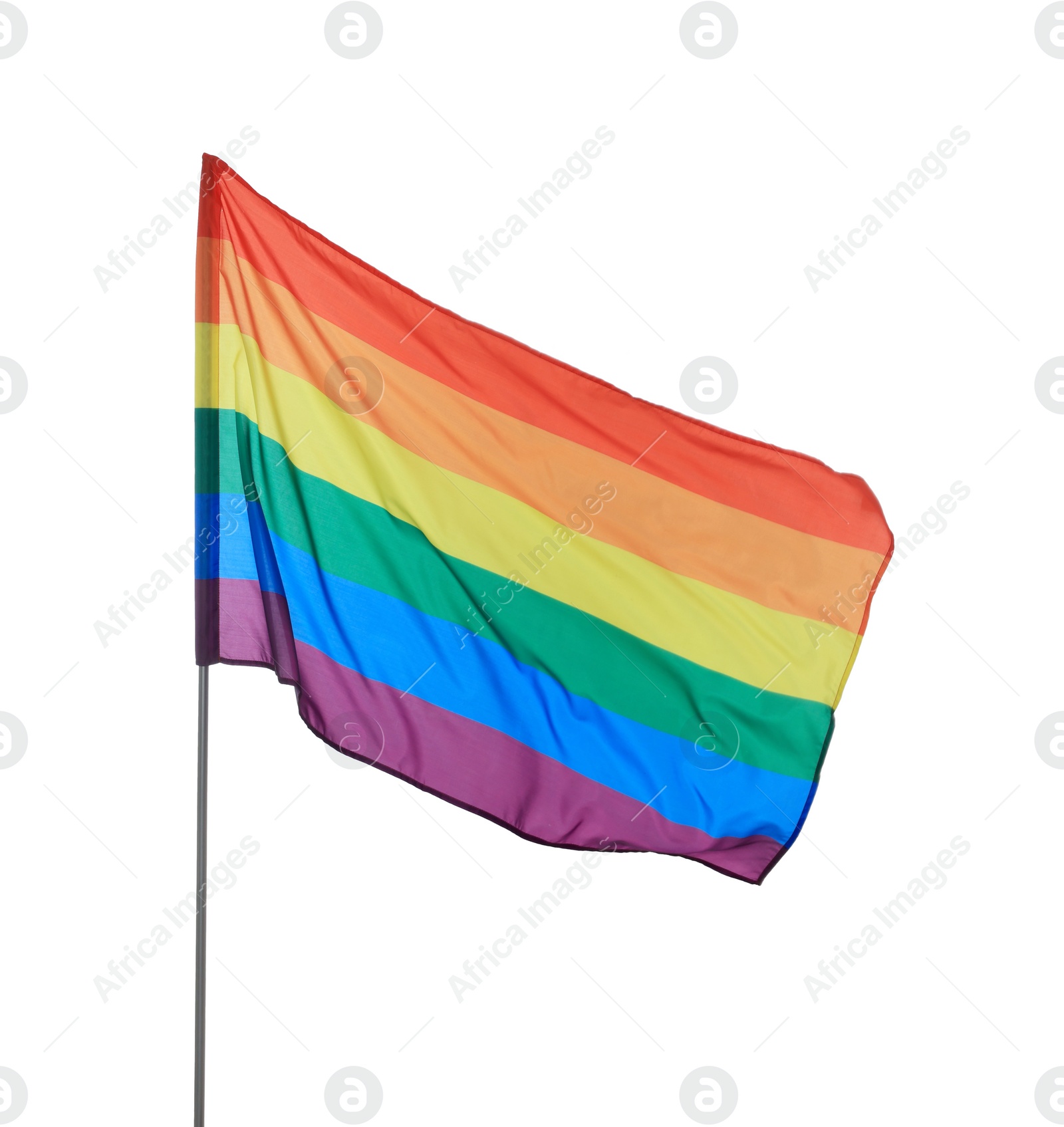 Photo of Bright rainbow LGBT flag fluttering on white background. Lesbian concept