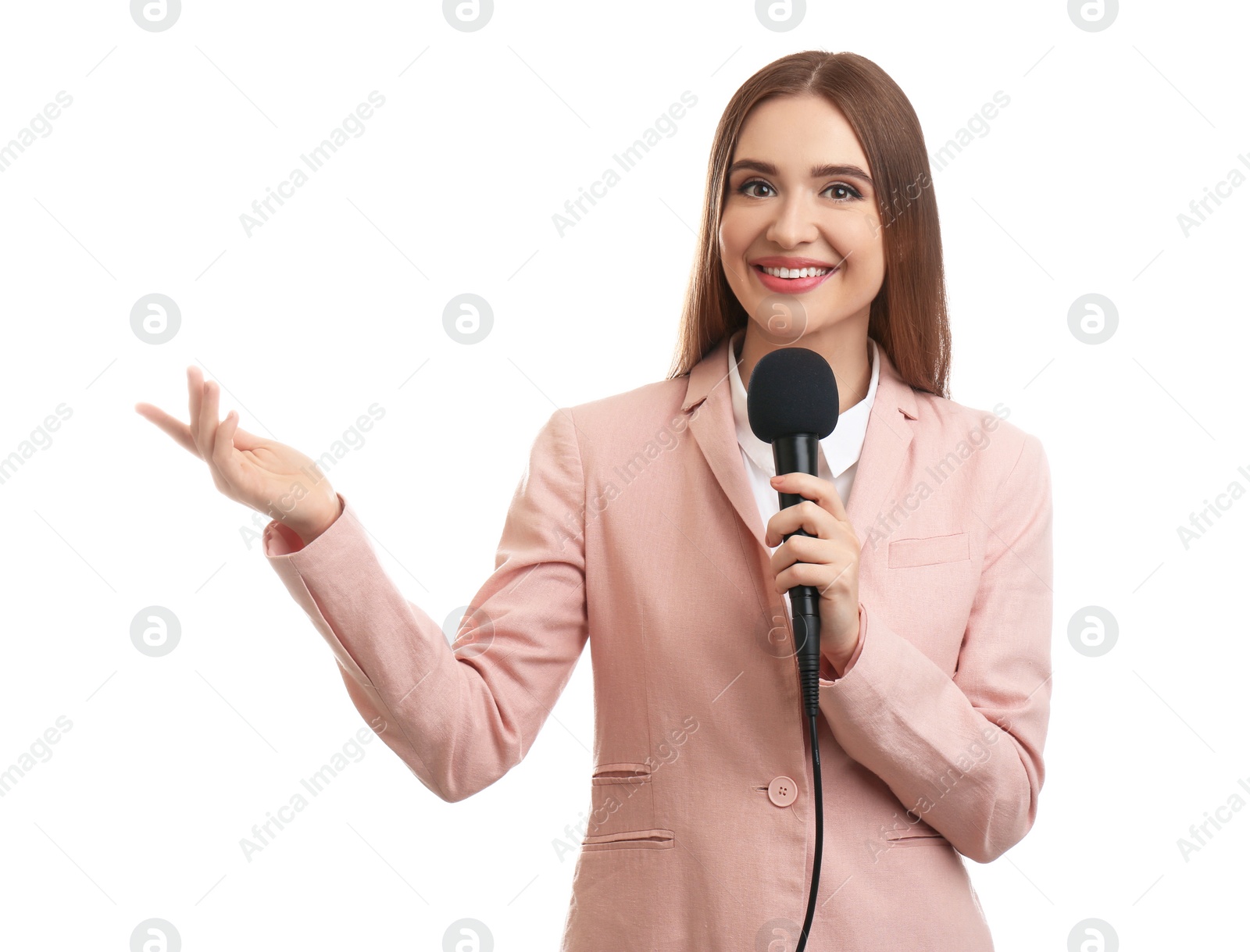 Photo of Young female journalist with microphone on white background