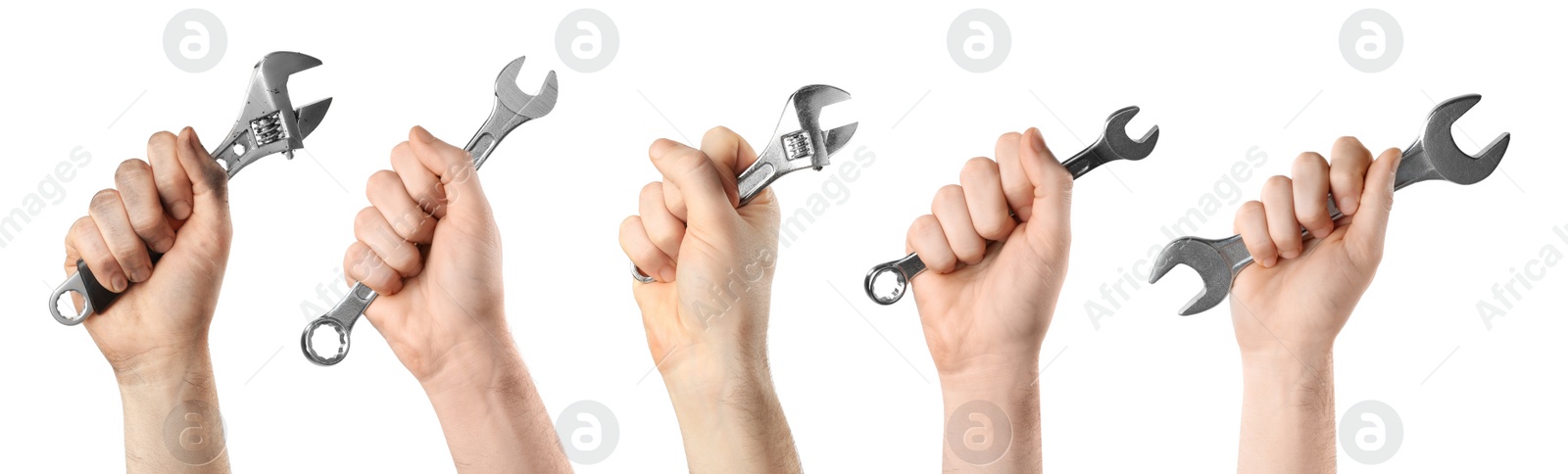 Image of Collage with photos of plumbers holding wrenches on white background. Banner design