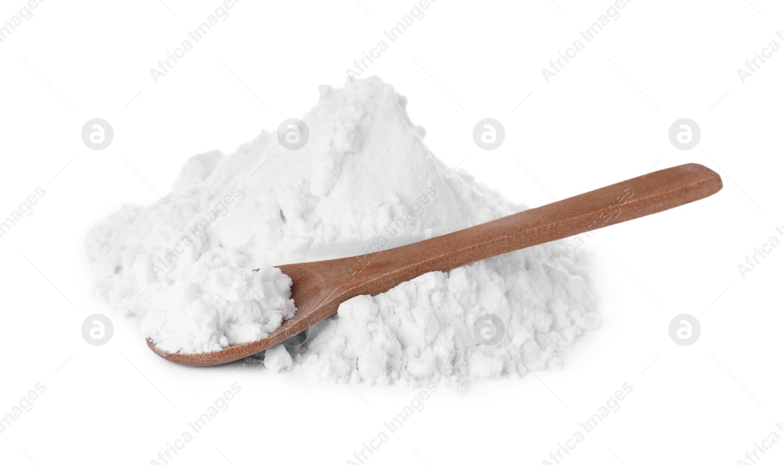 Photo of Heap of natural starch and wooden spoon isolated on white