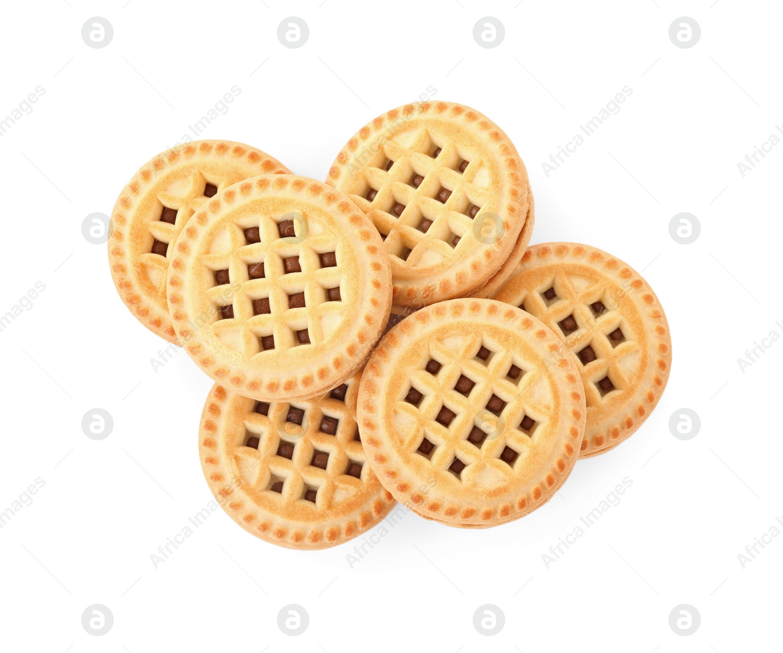 Photo of Tasty sandwich cookies with cream isolated on white, top view