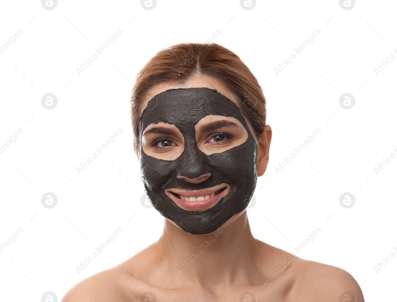 Photo of Beautiful woman with black mask on face against white background