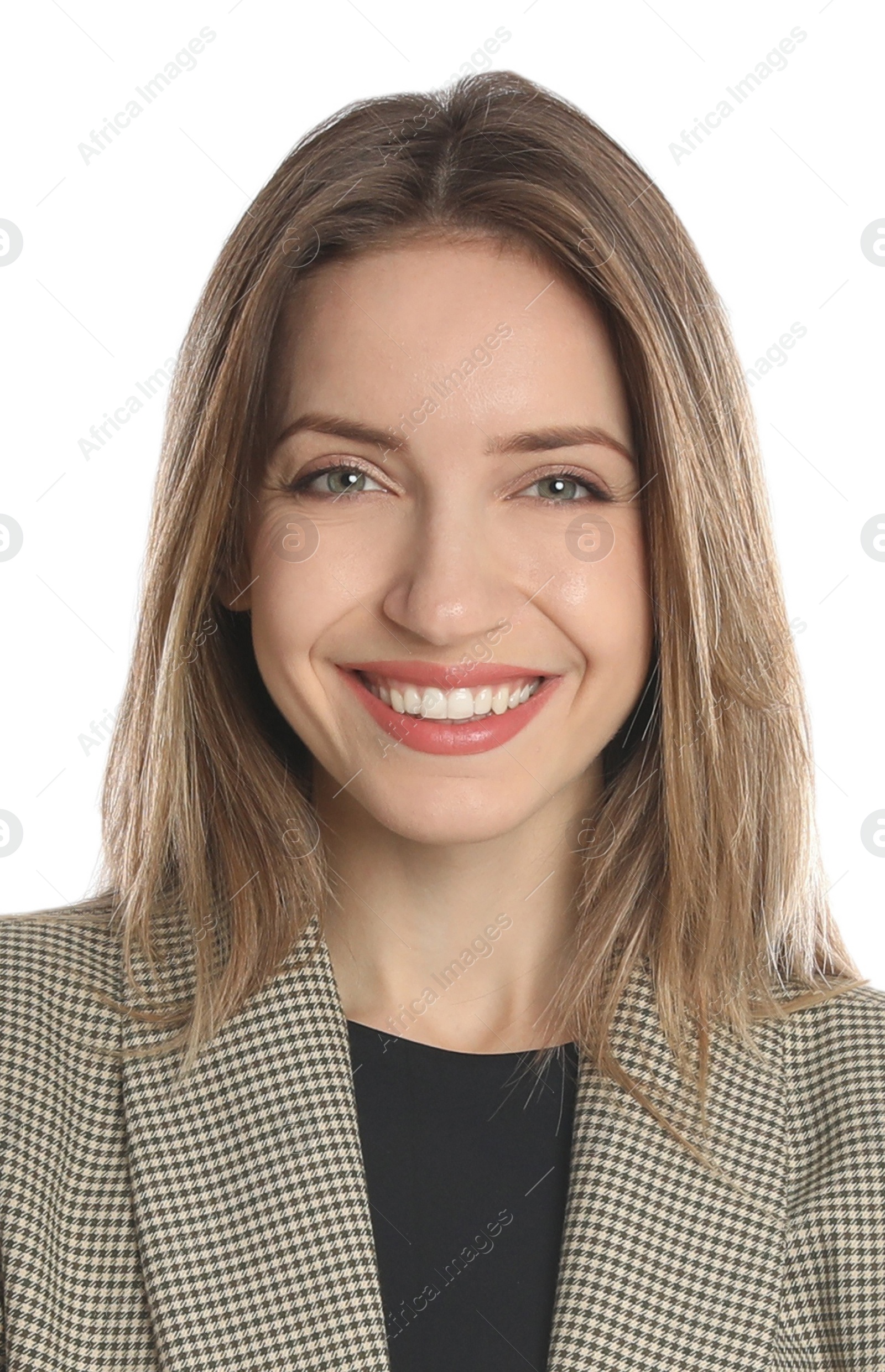 Image of Passport photo. Portrait of woman on white background