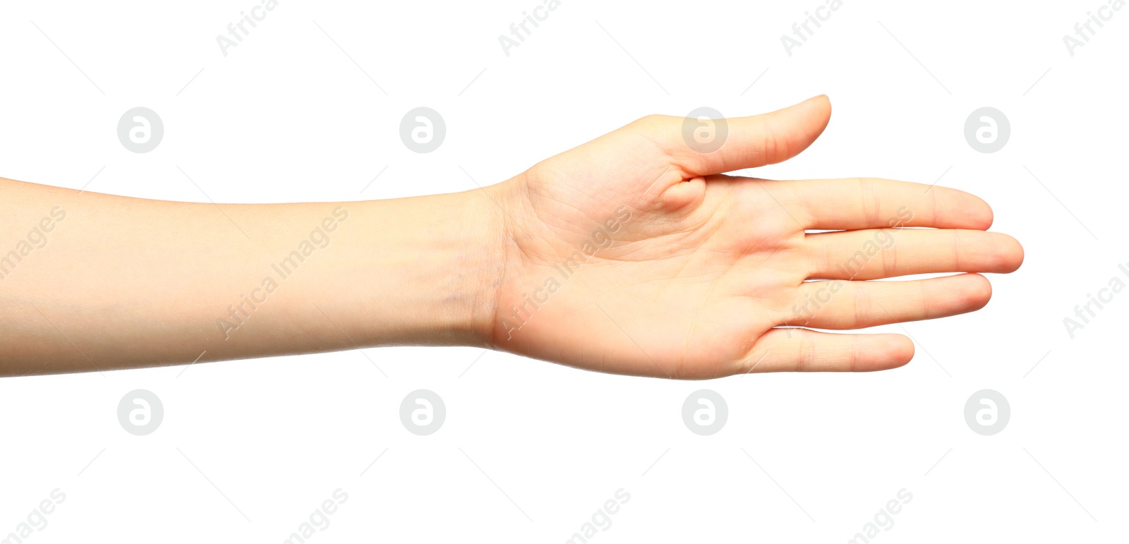 Photo of Young woman showing hand on white background, closeup