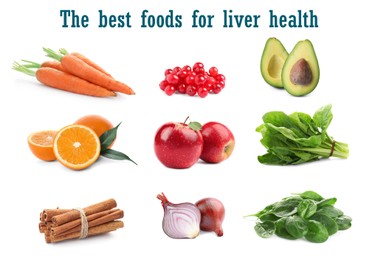 List of the best foods for liver health. Collage with different tasty fresh products on white background