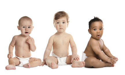 Image of Collage with photos of cute babies in diapers on white background