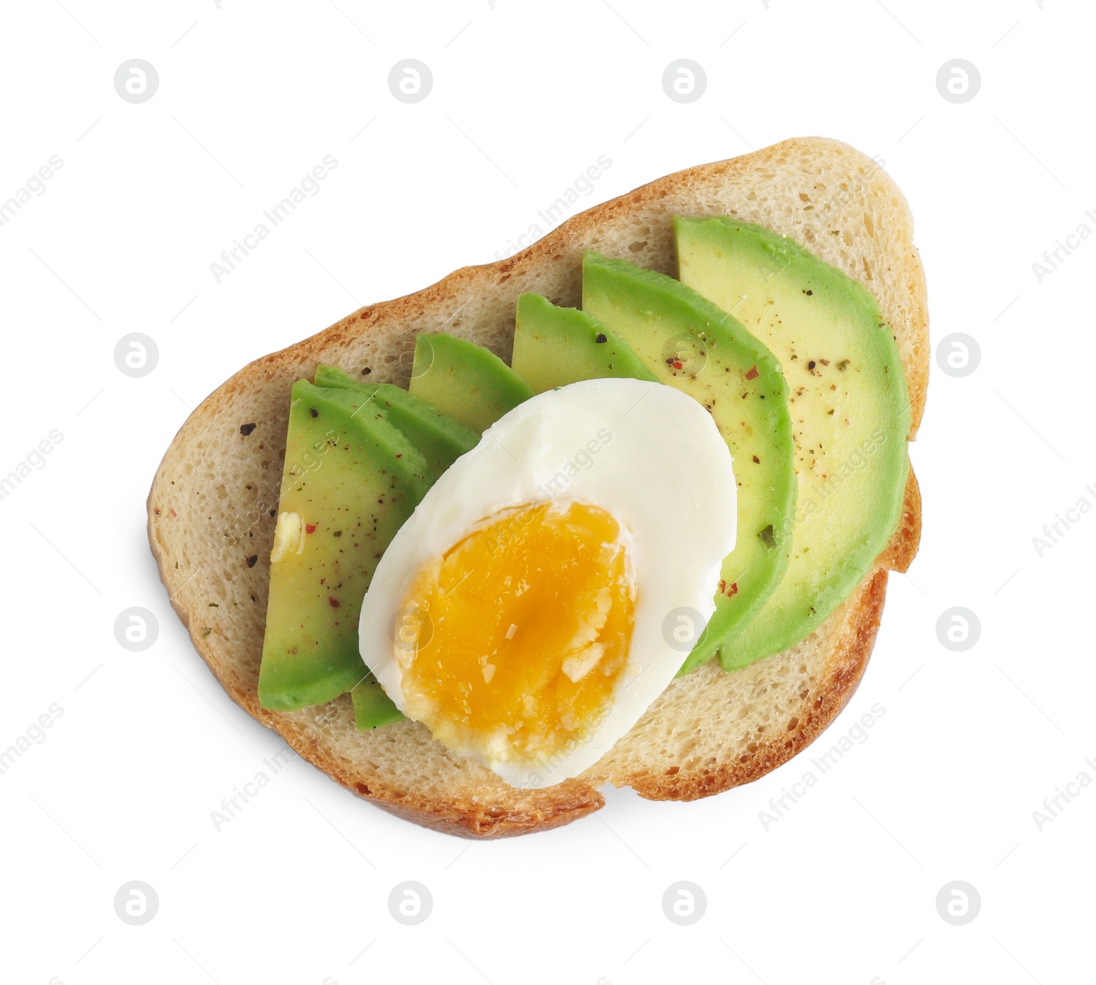 Photo of Delicious sandwich with boiled egg and pieces of avocado isolated on white, top view