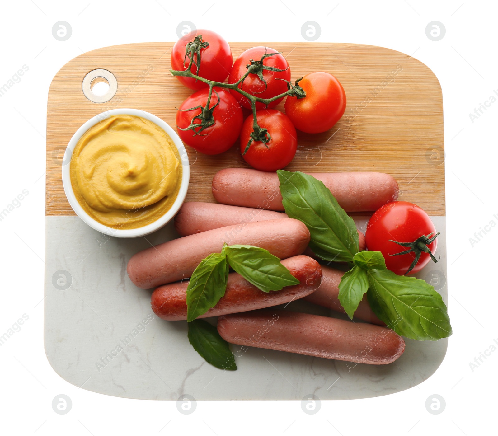 Photo of Delicious vegetarian sausages with basil, tomatoes and sauce on white background, top view