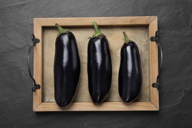 Fresh raw eggplants on black table, top view