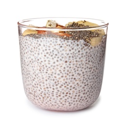 Dessert bowl of tasty chia seed pudding with banana on white background