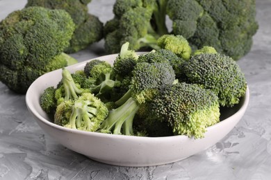 Bowl of fresh raw broccoli on grey textured table, closeup