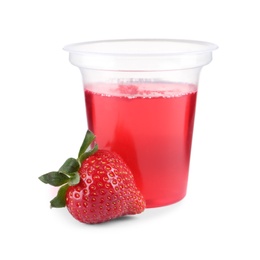 Photo of Strawberry and tasty jelly dessert in plastic cup on white background