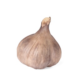 Unpeeled bulb of black garlic on white background