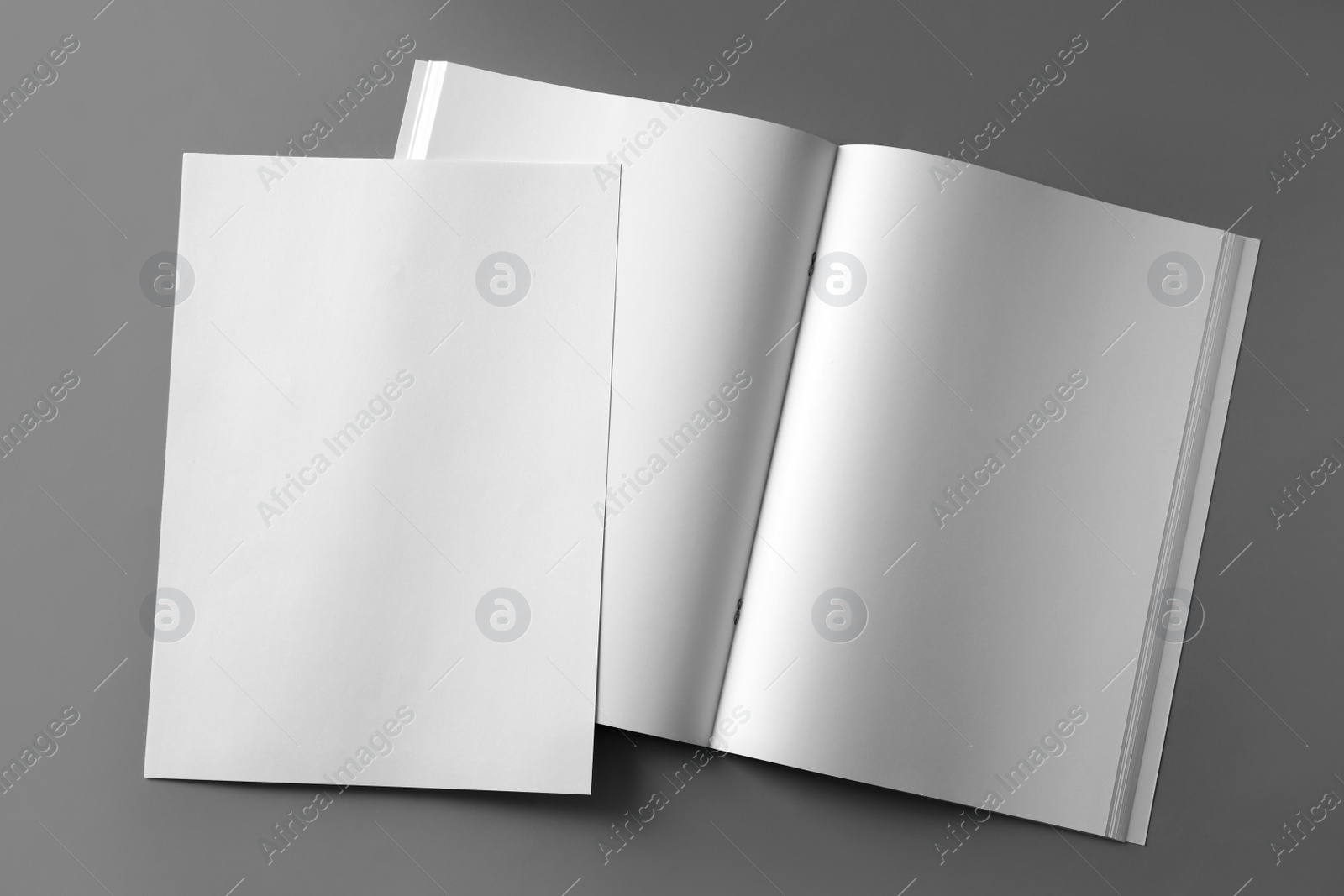 Photo of Paper sheet and open blank brochure on light grey background, flat lay