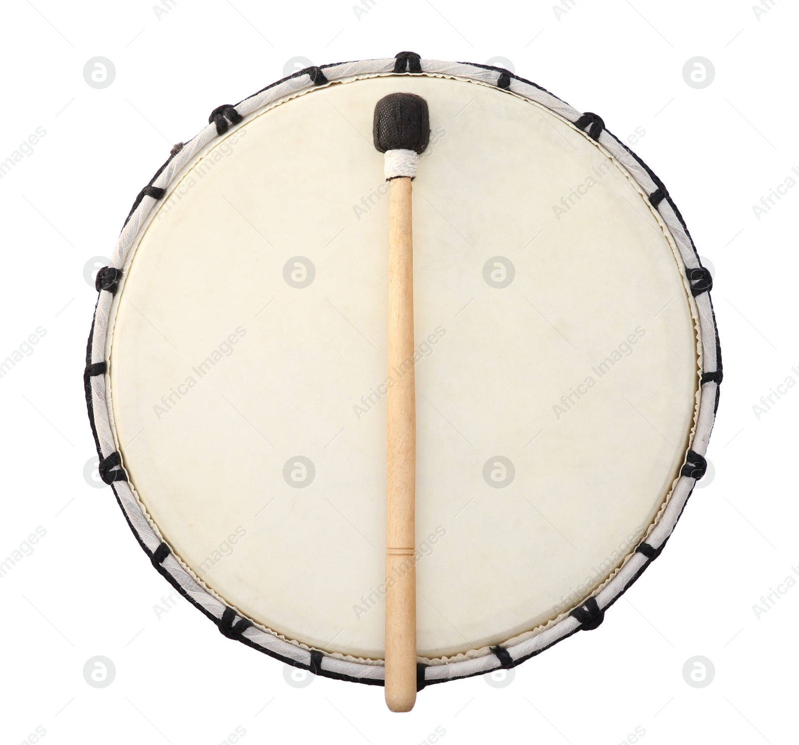 Photo of Modern drum with drumstick isolated on white, top view