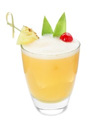 Photo of Tasty pineapple cocktail with cherry isolated on white