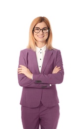 Portrait of successful businesswoman posing on white background