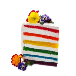 Photo of Slice of delicious rainbow cake with flowers on white background