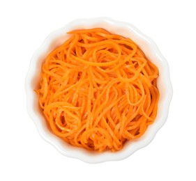 Photo of Delicious Korean carrot salad in bowl isolated on white, top view