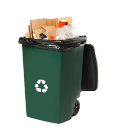 Photo of Trash bin with garbage on white background. Waste recycling