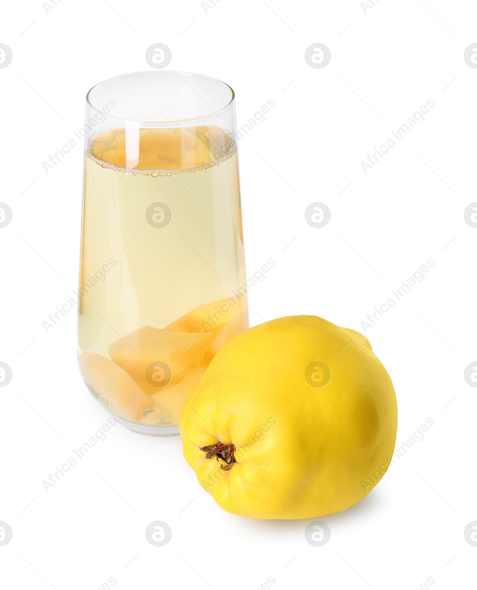 Photo of Delicious quince drink in glass and fresh fruit isolated on white