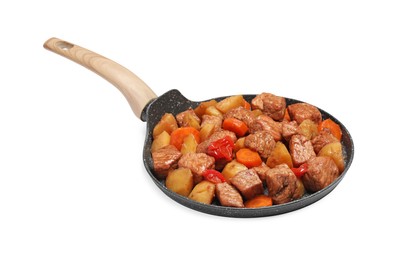 Photo of Frying pan with delicious goulash isolated on white