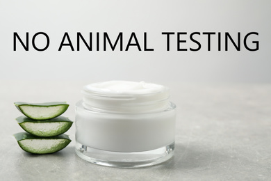 Image of Jar of cream, aloe and text NO ANIMAL TESTING on light background