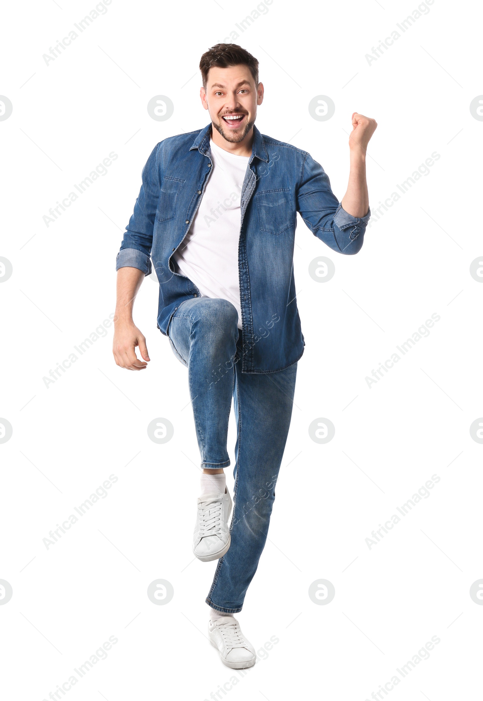 Photo of Full length portrait of emotional handsome man on white background