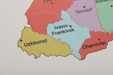 Photo of Western region on map of Ukraine, closeup