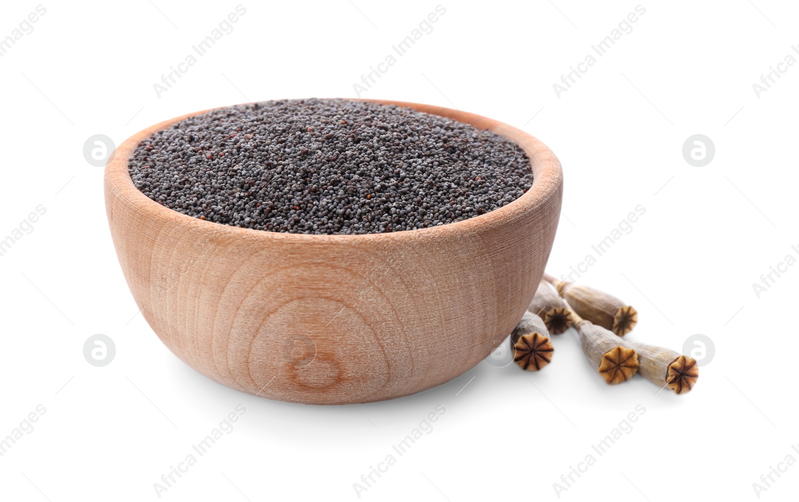 Photo of Poppy seeds in wooden bowl isolated on white