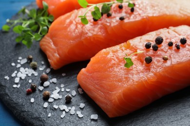 Fresh raw salmon and ingredients for marinade on slate board, closeup
