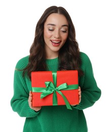 Photo of Beautiful young woman with Christmas gift isolated on white