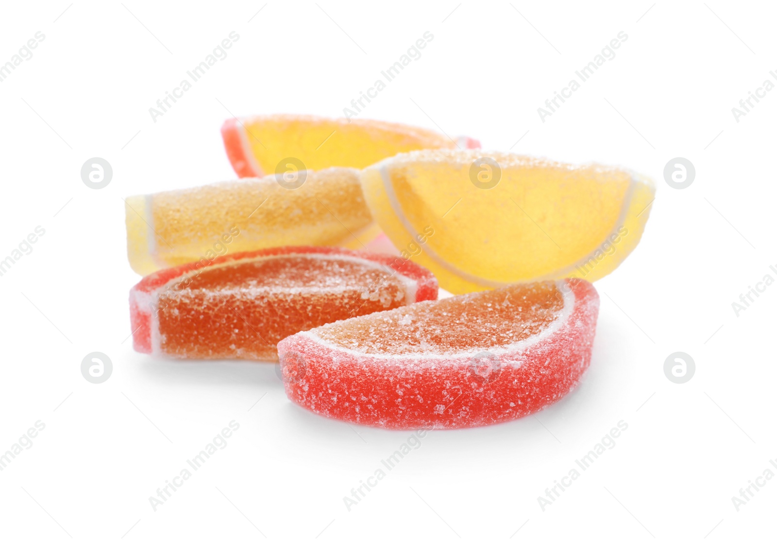 Photo of Bright delicious jelly candies on white background