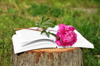 Open book with beautiful peony on tree stump outdoors
