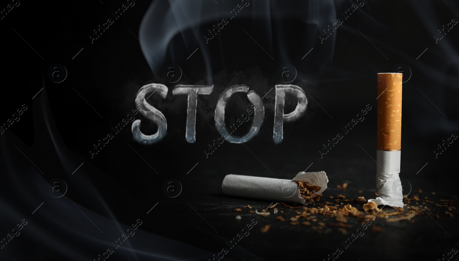 Image of Quit smoking. Word Stop of smoke and broken cigarette on black background, banner design