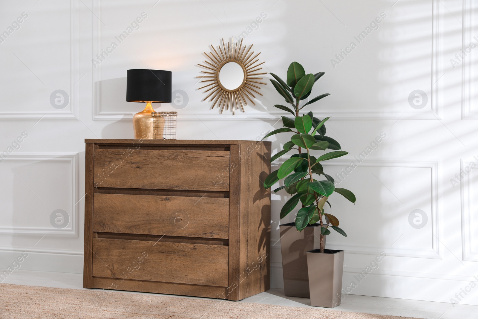 Photo of Wooden chest of drawers with lamp, houseplants and mirror on white wall in room. Interior design