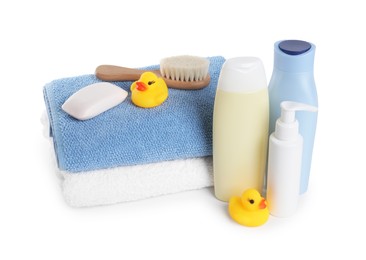 Photo of Baby cosmetic products, bath ducks, brush and towels isolated on white