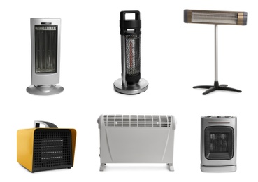 Image of Different modern electric heaters on white background, collage