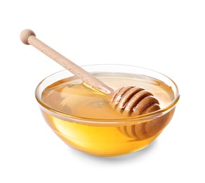 Tasty honey in bowl and dipper isolated on white