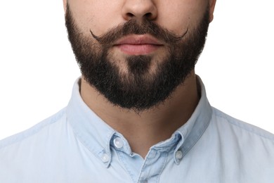 Photo of Young man with mustache on white background, closeup