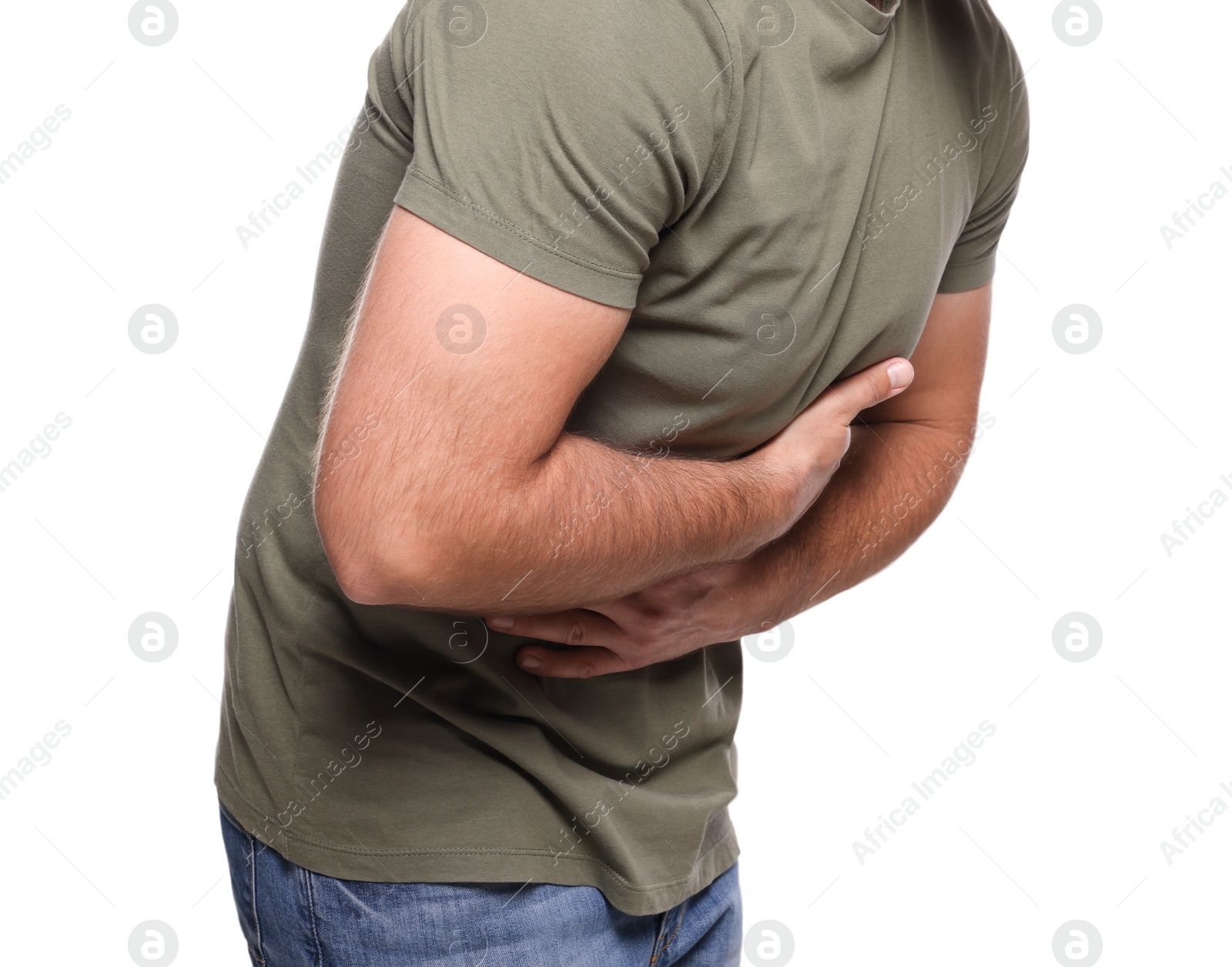 Photo of Man suffering from stomach pain on white background, closeup