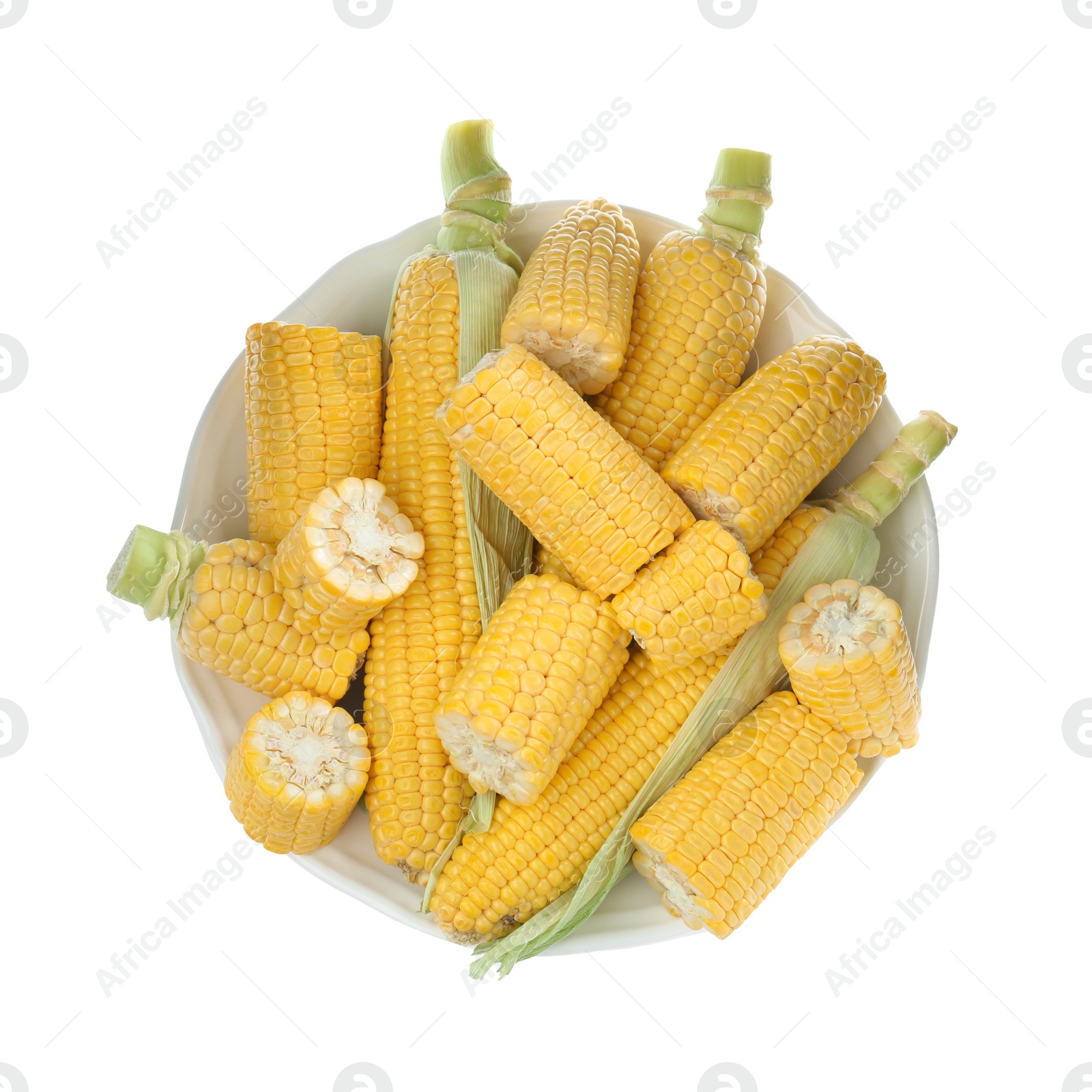 Photo of Plate with corncobs on white background, top view