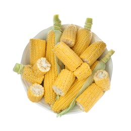 Plate with corncobs on white background, top view