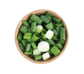 Cut green spring onion in wooden bowl isolated on white, top view