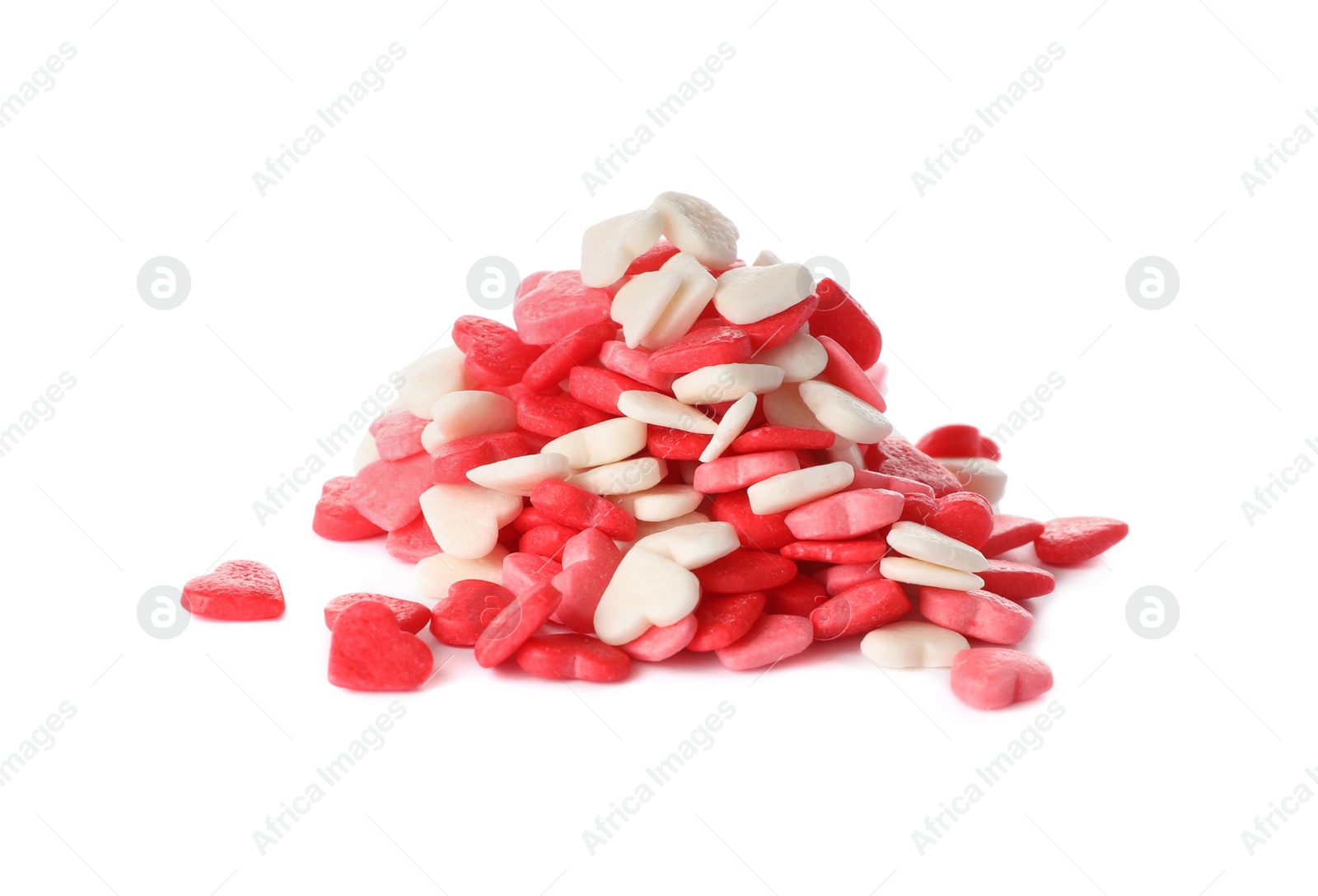 Photo of Pile of bright heart shaped sprinkles on white background