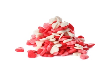 Photo of Pile of bright heart shaped sprinkles on white background