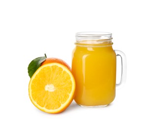 Photo of Orange juice and fresh fruits on white background