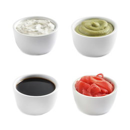 Set of different delicious sauces and condiments on white background